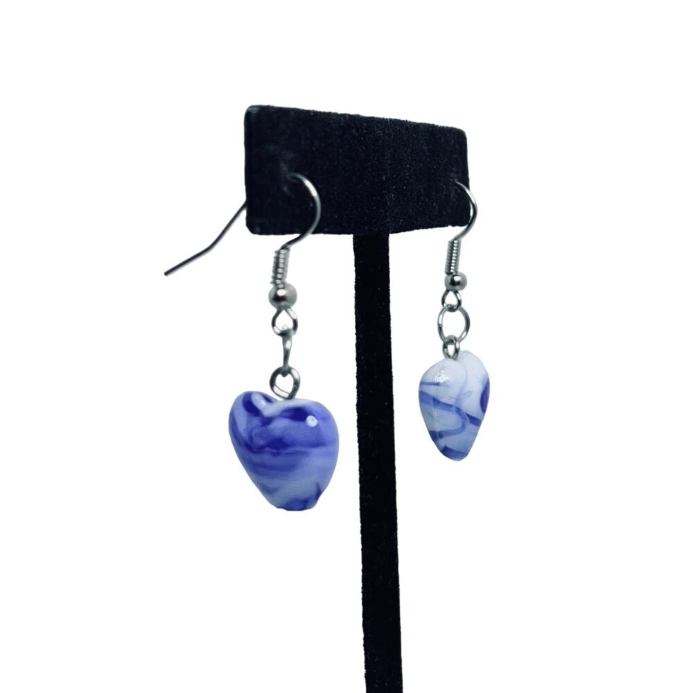 Silver Plated Pierced Dangle Earrings With Blue & White Glass Heart Bead (5479) - Picture 4 of 5